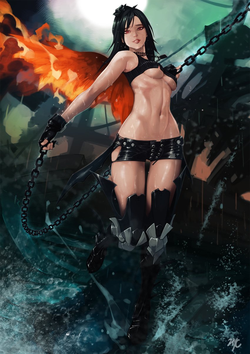 21yc black_hair boots breasts female fingerless_gloves looking_at_viewer navel nipples outdoors red_eyes ship shorts tank_top underboob vella_(vindictus) vindictus water wet wings