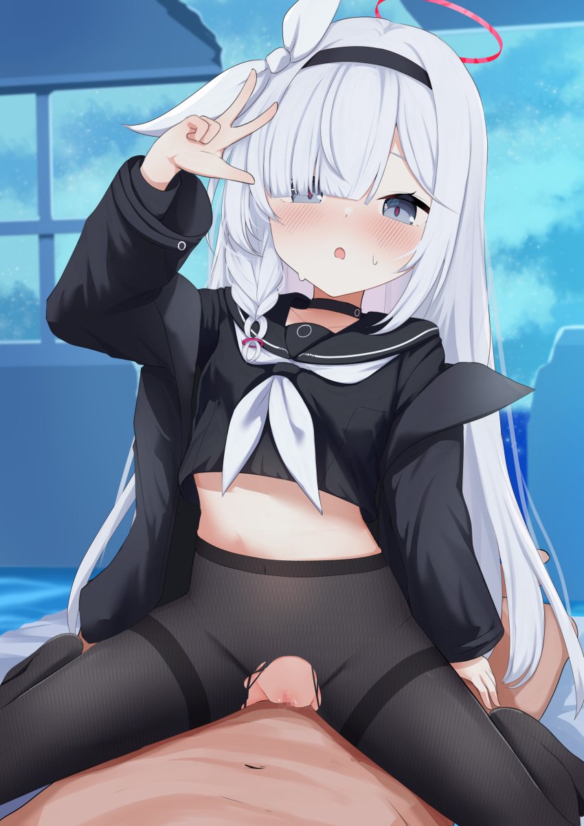 1boy absurdres aoto_mei black_choker black_coat black_hairband black_pantyhose black_serafuku blue_archive blunt_bangs blush bow censored choker coat commentary_request cowgirl_position female grey_eyes hair_over_one_eye hairband hairbow halo highres long_sleeves looking_at_viewer mosaic_censoring neckerchief no_pants open_clothes open_coat paid_reward_available pantyhose parted_lips plana_(blue_archive) pussy red_halo school_uniform serafuku straddling sweat torn_clothes torn_pantyhose variant_set w white_bow white_hair white_neckerchief