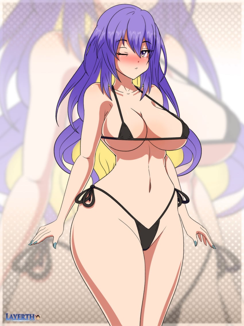 1girls bikini blush breasts colored_inner_hair female highres hips hololive hololive_indonesia hololive_indonesia_area_15 large_breasts layerth light-skinned_female light_skin long_hair looking_at_viewer moona_hoshinova navel one_eye_closed purple_hair solo thick_thighs thighs virtual_youtuber watermark yellow_eyes