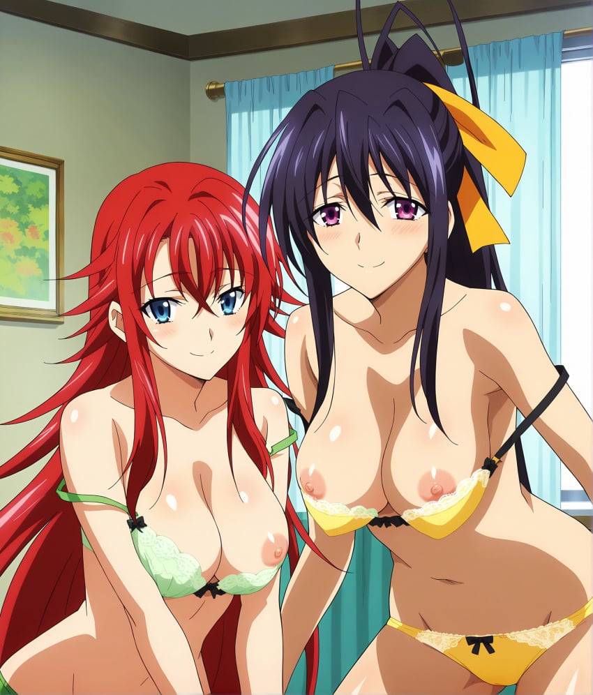 2females ai_generated akeno_himejima areolae black_hair curvy_female erect_nipples female_only green_bikini green_bra green_panties high_school_dxd large_breasts light-skinned_female long_hair red_hair rias_gremory wakih yellow_bikini yellow_bra yuri