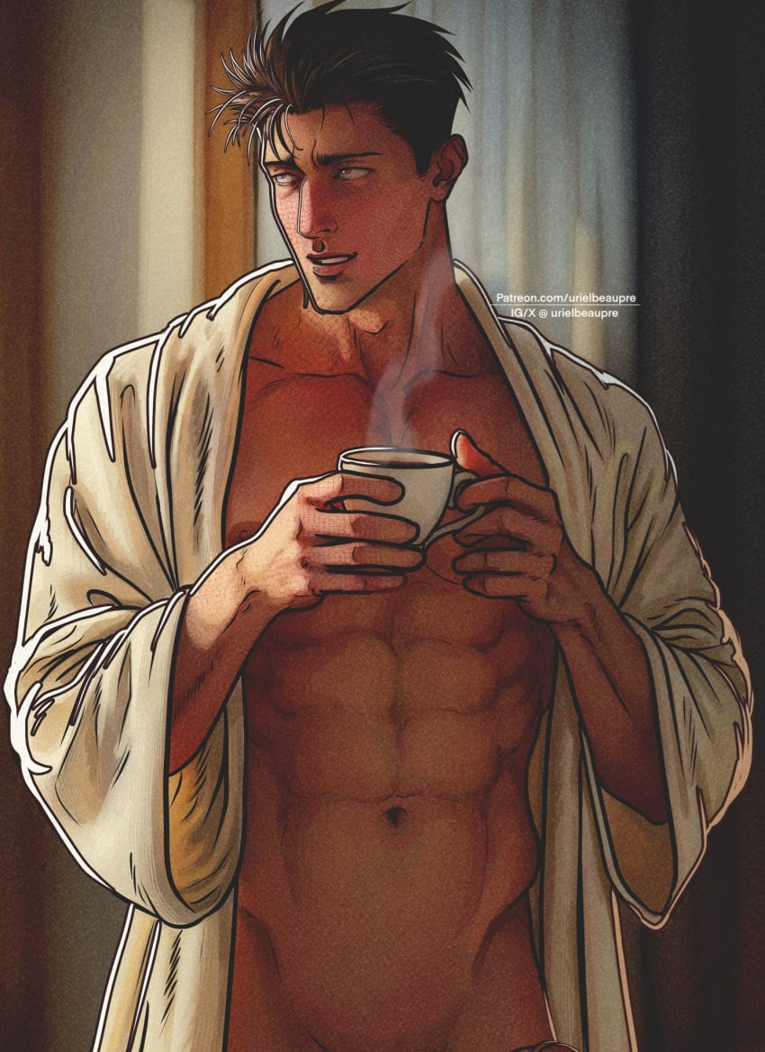 1boy abs artist_name bara bare_pectorals bathrobe black_hair collarbone cropped cup curtains highres higuruma_hiromi holding holding_cup indoors instagram_username jujutsu_kaisen male_focus muscular muscular_male navel nipples open_clothes open_robe paid_reward_available parted_lips pectorals penis robe short_hair solo steam teeth twitter_username upper_body urielbeaupre15 white_robe