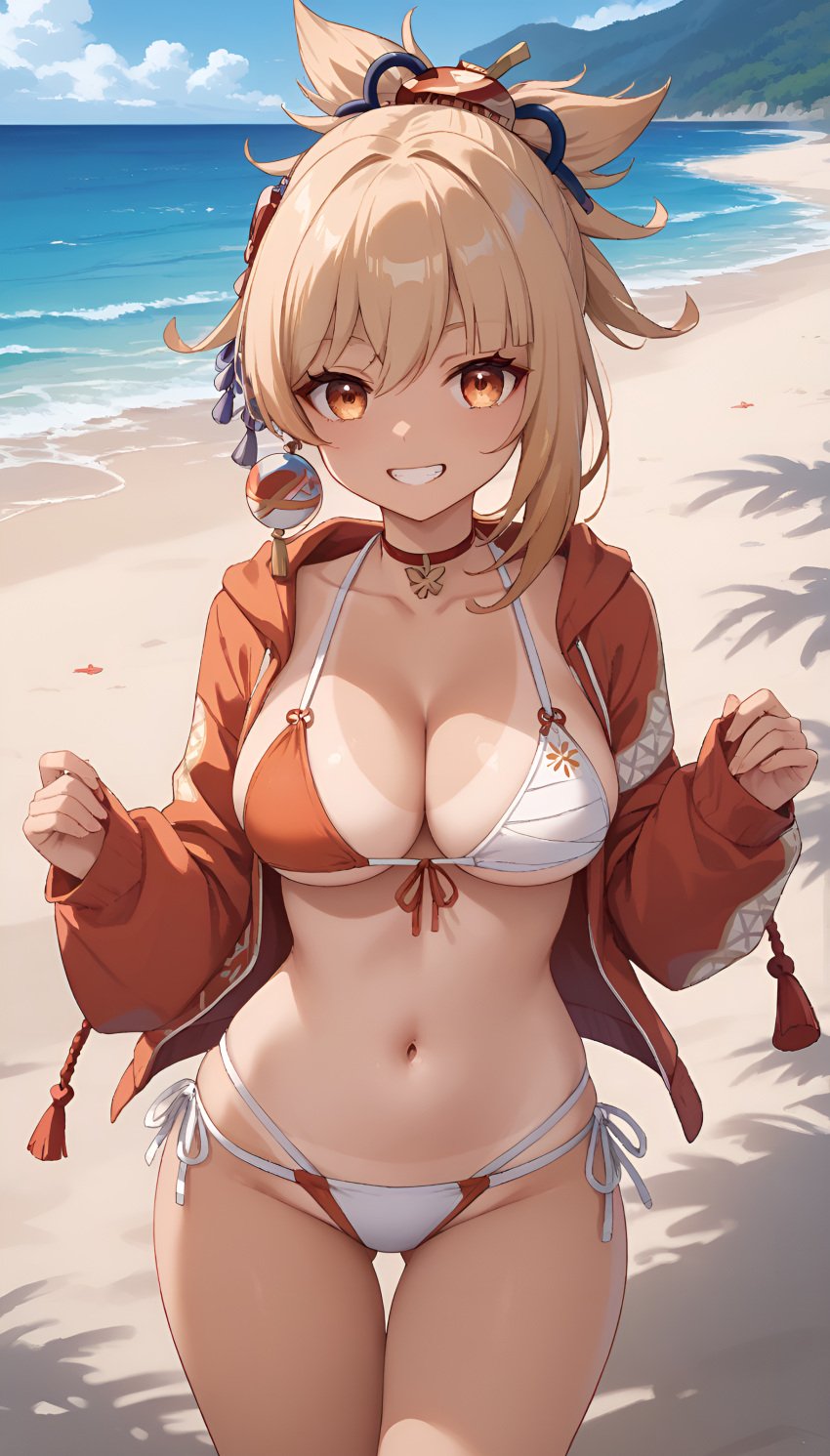 1girls ai_generated bangs beach big_ass big_breasts bikini bikini_bottom bikini_top blonde_female blonde_hair blonde_hair genshin_impact hair_ornament high_resolution highres hoyoverse jasse looking_at_viewer tagme tan_body tan_skin tanline tanlines yoimiya_(genshin_impact)