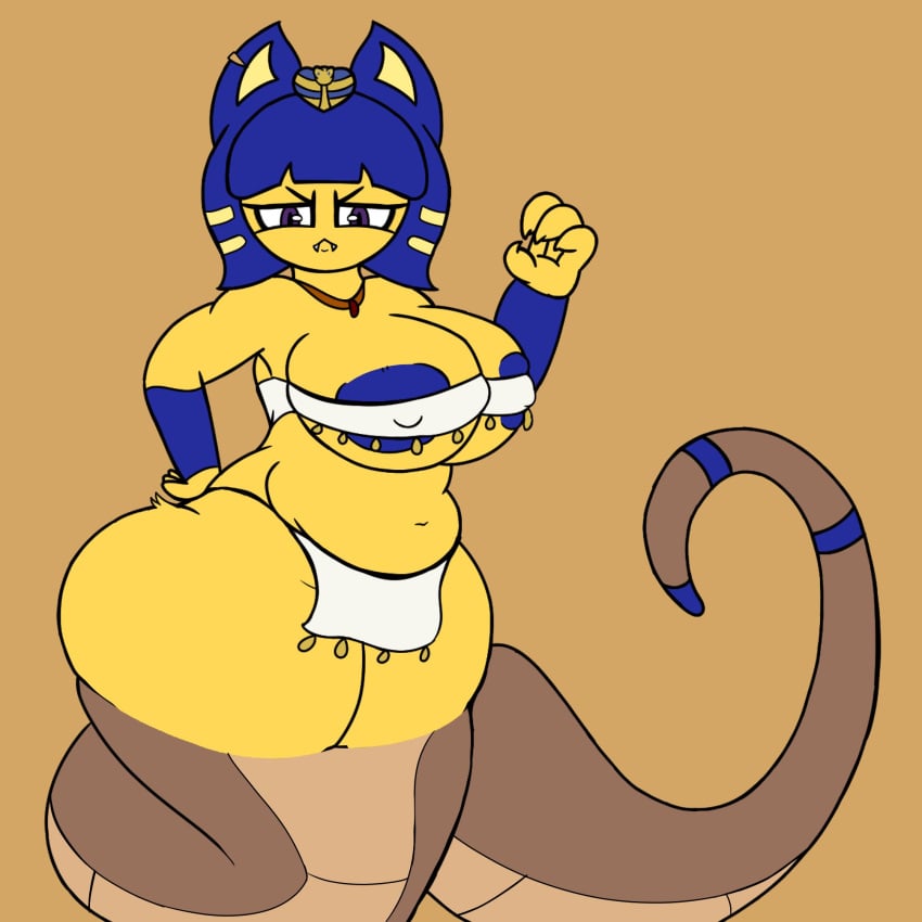 alternate_version_at_source alternate_version_available angry_look animal_crossing ankha ankha_(animal_crossing) bandages_around_breasts bandages_around_chest belly big_breasts breast_focus cat_ears cat_girl chubby chubby_anthro chubby_female feline furry greatcaesar_08 lamia looking_at_viewer monster_girl snake_tail