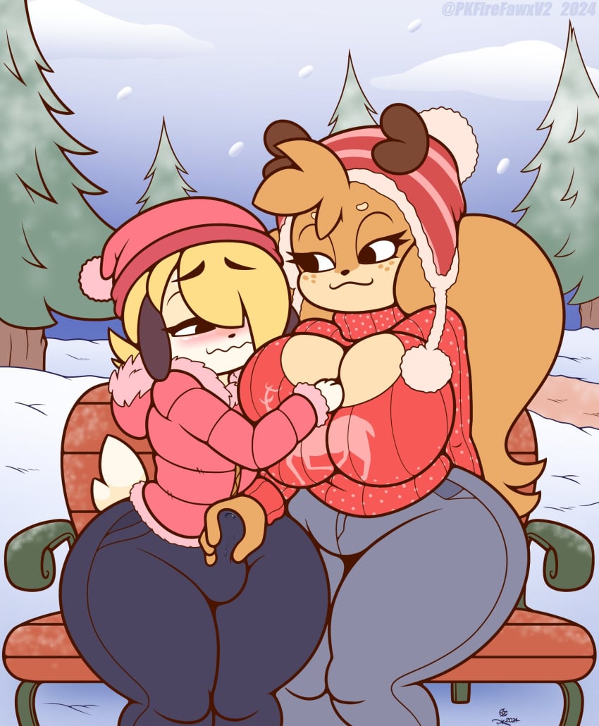 2d 2d_(artwork) artist_signature boner boner_in_pants canine female female/male femboy male male/female niko_(pkfirefawx) pkfirefawx precum public snow squirrel straight touching_breast touching_penis winter