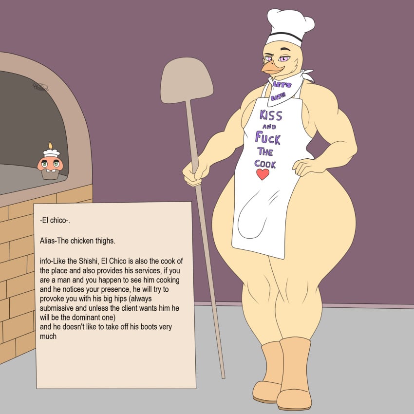 animated anthro appliance apron ass avian big_butt big_penis bird boots chef_hat chica_(fnaf) chicken clothed clothing cupcake curvy_figure el_chico_(photolol.03) five_nights_at_freddy&#039;s food footwear galliform gallus_(genus) genitals hat headgear headwear hi_res holding_object information_box kerchief kitchen_appliance male muscular muscular_anthro muscular_male oven penis phasianid photolol.03 pink_eyes scottgames shoes simple_background solo text thick_thighs wide_hips