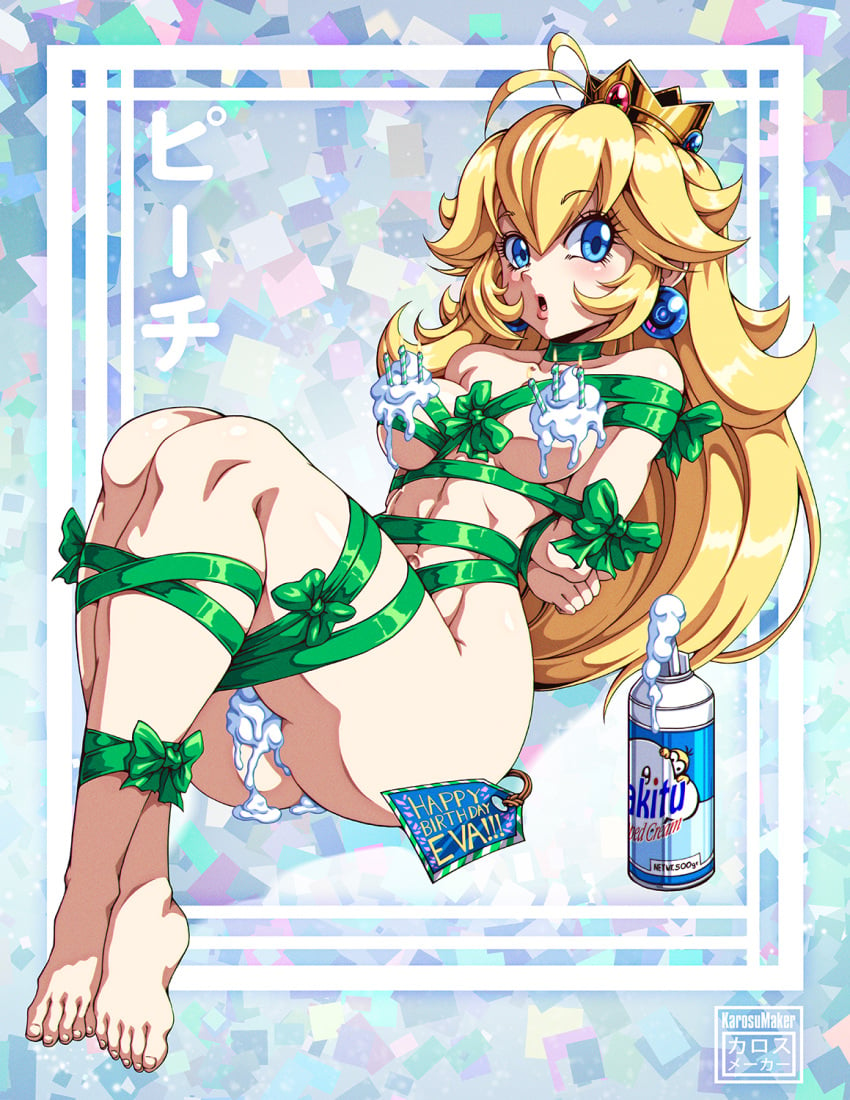 arms_tied_behind_back blonde_hair blue_eyes bondage bound_ankles bound_legs candles convenient_censoring cream_on_breasts cream_on_pussy crown karosu-maker looking_at_viewer mario_(series) nude open_mouth princess_peach ribbon_bondage super_mario_bros.