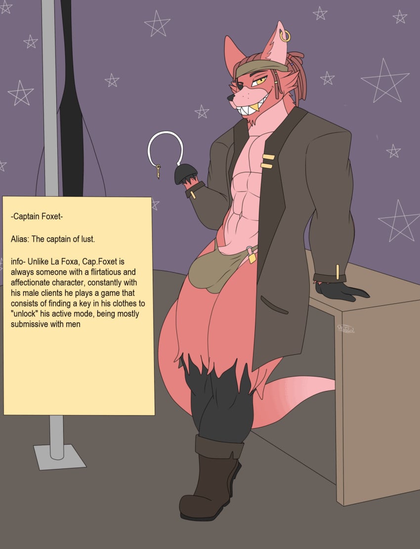 animated anthro boots canid canine canis capitan_foxet_(photolol.03) clothed clothing curvy_figure dreadlocks ear_piercing ear_ring eye_patch eyewear five_nights_at_freddy&#039;s flat_colors footwear fox foxy_(fnaf) gold_(metal) gold_tooth hair hi_res hook information_box kerchief key looking_at_viewer male mammal muscular muscular_anthro muscular_male photolol.03 piercing ring_piercing scottgames shoes simple_background solo tattoo text thong underwear yellow_eyes