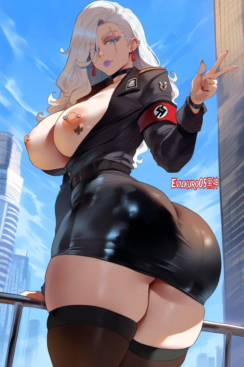 ai_generated athletic_female blue_eyes curvy_figure emma_schneider evilkuro05 german_female military_uniform nazi_uniform original_character posing scar_across_eye voluptuous_female white_hair