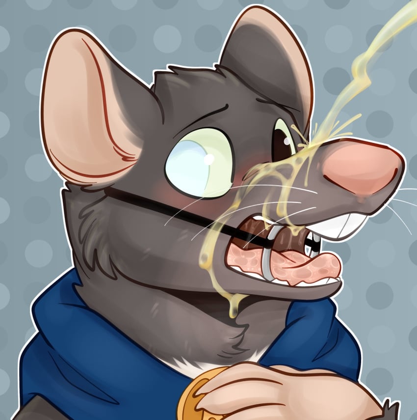 anthro blind_eye blue_clothing blush bodily_fluids cape clothing gag genital_fluids golden_shower grey_body hi_res male mammal milk_(rodentmilk) murid murine open_mouth pariahpuppy peeing rat ring_gag rodent simple_background solo tongue tongue_out urine urine_in_mouth urine_on_face urine_stream watersports