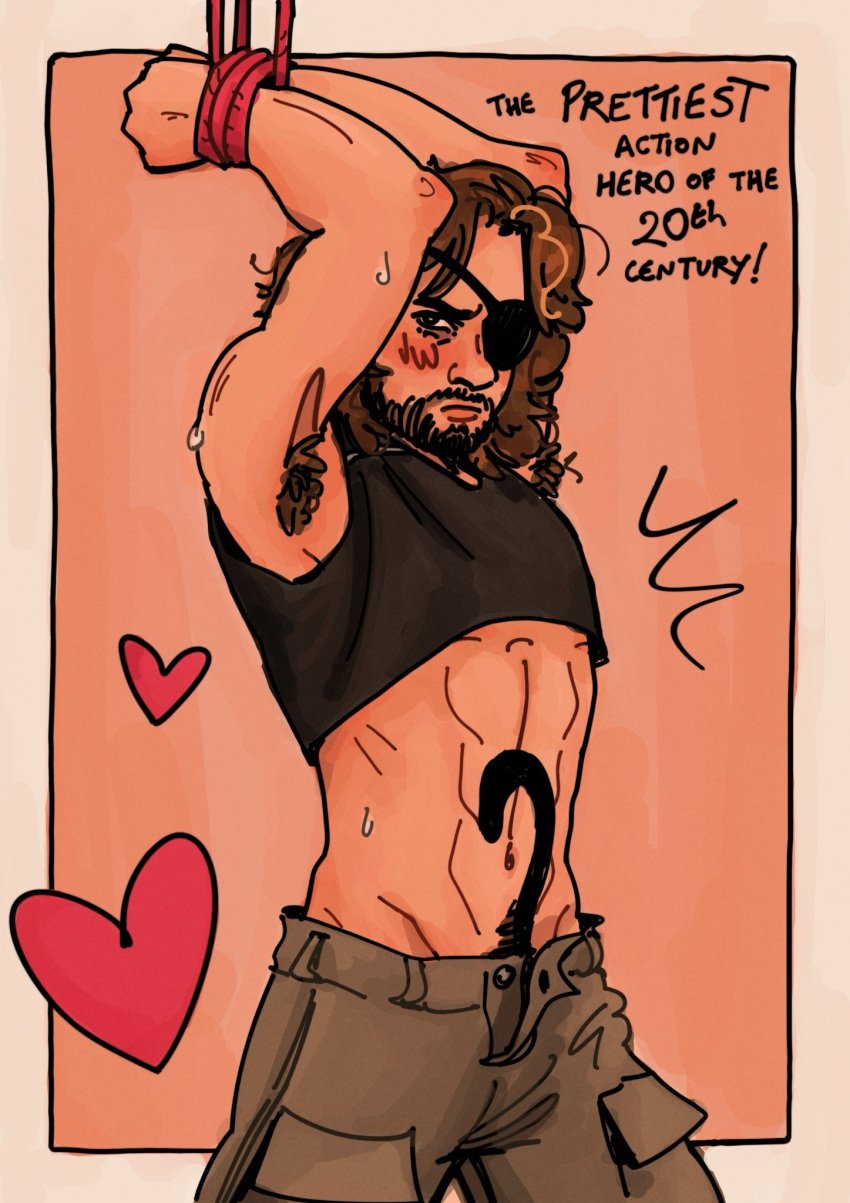 1boy 2024 abs armpit_hair bitch_face blush blush_lines bondage brunet counterfeit-stars_(artist) crop_top english english_text escape_from_new_york eyepatch hands_tied hands_tied_above_head heart kurt_russell light_beard lol male male_only motion_lines not_my_art pastel_background pecs pelvic_line pink_background shirtless shirtless_male sleeveless_shirt sleeveless_top sleeveless_topwear snake_plissken stubble sweat sweatdrop sweating tagme tattoo tattoo_on_belly text