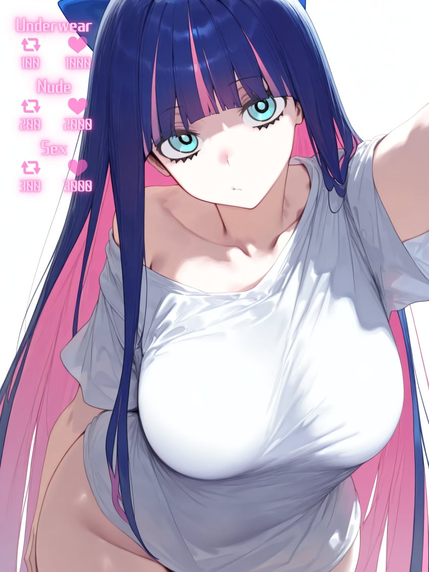 ai_generated april68th bare_legs bending_forward bending_over big_ass big_breasts blue_eyes bob_cut long_hair looking_at_viewer panty_&amp;_stocking_with_garterbelt purple_hair selfie selfie_pose shirt_only slim_waist stocking_anarchy thick thick_thighs two_tone_hair wide_hips