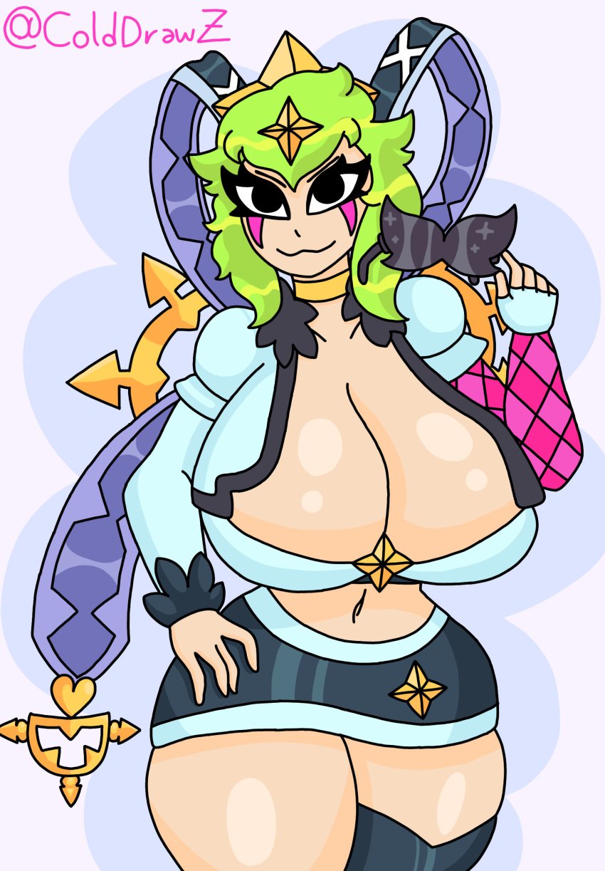 big_ass big_breasts big_breasts big_thighs black_eyes black_skirt brawl_stars green_hair melodie_(brawl_stars) pop_melodie_(brawl_stars) sunglasses