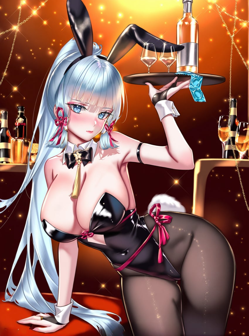 absurd_res ai_generated alcohol animal_ears bangs bare_shoulders between_breasts black_leotard blue_eyes blush bottle bow bowtie breasts cleavage covered_navel cowboy_shot cup detached_collar drinking_glass eyebrows_visible_through_hair fake_animal_ears fake_tail female genshin_impact glint holding holding_tray kamisato_ayaka large_breasts leotard long_hair looking_at_viewer ministro mole on_side pantyhose playboy_bunny rabbit_ears rabbit_tail silver_hair solo sparkle sparkle_background strapless strapless_leotard tail tray very_long_hair wine wrist_cuffs