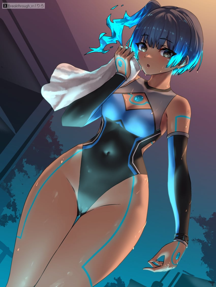 1female 1girls blue_hair breakthrough_rr cameltoe core_crystal core_crystal_(xenoblade) female female female_focus female_only large_thighs nintendo petite petite_female sena_(xenoblade) short_hair short_hair_female smaller_female swimsuit swimwear tan_body tan_skin wet wet_body wet_skin xenoblade_(series) xenoblade_chronicles_(series) xenoblade_chronicles_3