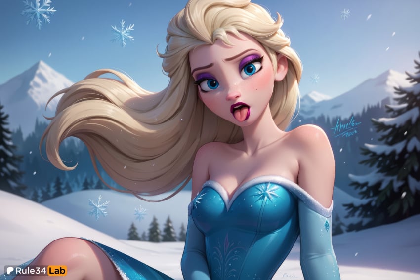 1girls ai_generated artist_name bare_shoulders blonde_hair blue_dress blue_eyes blush breasts cleavage day disney disney_princess dress elsa_(frozen) eyeshadow freckles frozen frozen_(film) frozen_2 hi_res long_hair looking_at_viewer makeup mascara medium_breasts mountain off_shoulder open_mouth outdoors pine_tree rule34lab sitting snow snowflakes solo tongue tongue_out winter