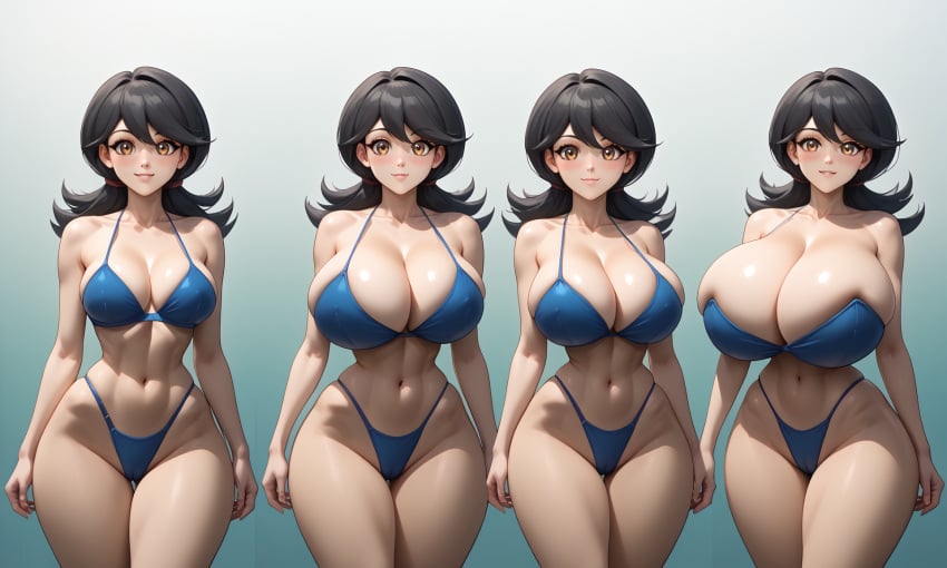 ai_generated bikini black_hair blue_bikini breast_expansion brown_eyes enormous_breasts gigantic_breasts highleg_bikini hourglass_figure huge_breasts massive_breasts mindy_(yu-gi-oh!) momoe_hamaguchi shonen_jump shounen_jump shueisha simple_background skindentation thick_thighs very_wide_hips weekly_shonen_jump weekly_shounen_jump wide_hips yu-gi-oh! yu-gi-oh!_gx yuu-gi-ou yuu-gi-ou_gx zakvar