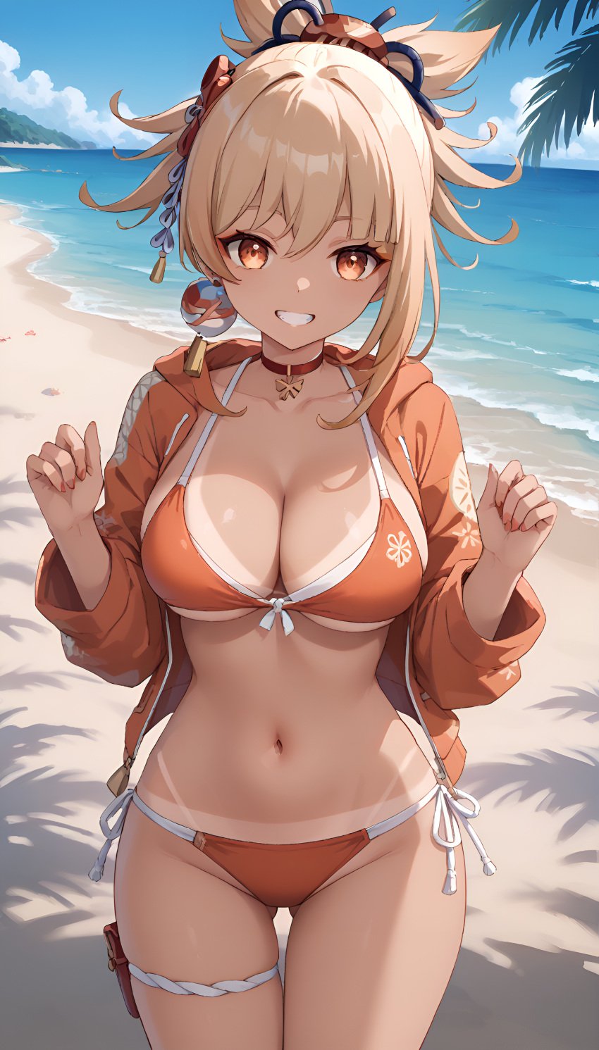 1girls ai_generated bangs beach big_ass big_breasts bikini bikini_bottom bikini_top blonde_female blonde_hair blonde_hair genshin_impact hair_ornament high_resolution highres hoyoverse jasse looking_at_viewer tagme tan_body tan_skin tanline tanlines yoimiya_(genshin_impact)