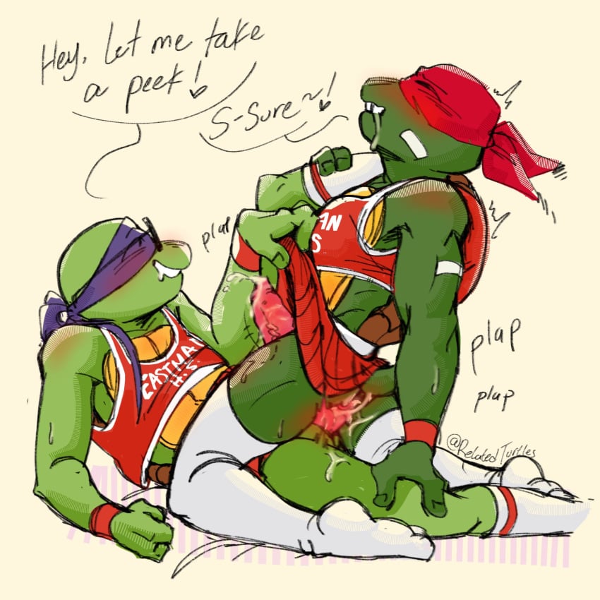 cheerleader_uniform dialogue donatello_(tmnt) erect_penis gay genital_slit glasses incest incest_(lore) lifting_skirt precum precum_drip raphael_(tmnt) relatedturtles skirt_lift slit_penis stockings tagme teenage_mutant_ninja_turtles teenage_mutant_ninja_turtles:_mutant_mayhem tmnt turtle yaoi