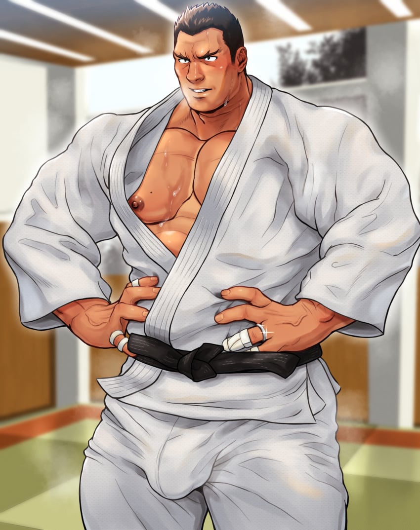 1boy abs bandage bandaged_fingers bara beefy belt big_areola big_breasts big_bulge black_belt black_eyes blurry_background blush brown_hair bulge bulge_through_clothing clenched_teeth clothed daddy dilf dojo forked_eyebrows frown gay hand_on_waist hi_res human hunk indoors jewelry judo male male_breasts male_only mammal manly married mature_male mature_man mole mole_on_breast muchiyukichan muscles muscular muscular_male oppai original original_character pecs ring sanpaku short_hair small_pupils solo standing steam steaming_body thick_neck tough_guy yaoi