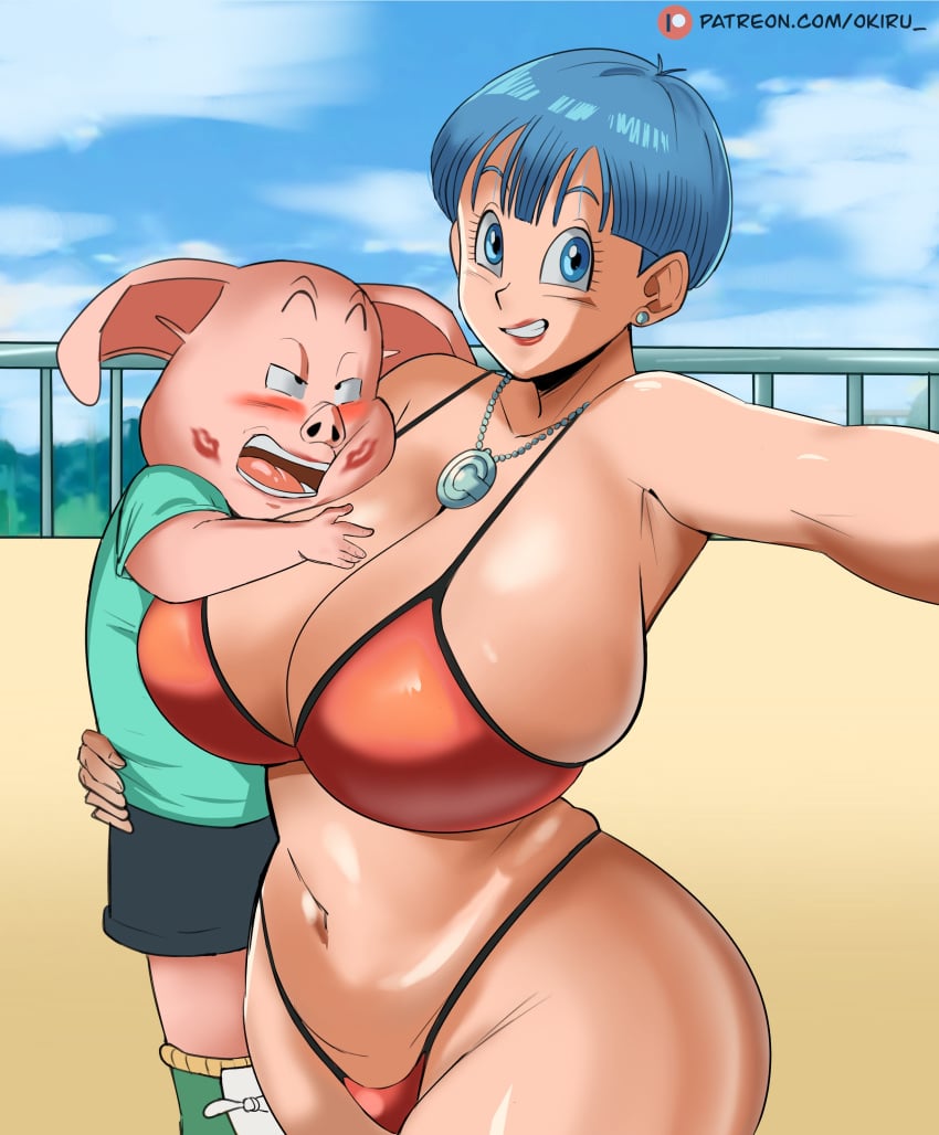 1animal 1girls absurd_res before_sex big_ass big_breasts bikini bulma_briefs child_bearing_hips dragon_ball hi_res imminent_sex kiss_mark lipstick lipstick_mark mature_female milf oolong panarandom pig selfie thick_thighs thighs wide_hips