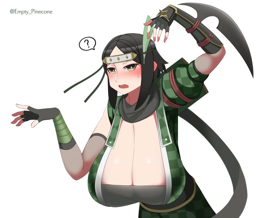 ? alternate_costume black_hair blush cleavage empty_pinecone fire_emblem fire_emblem_awakening fire_emblem_heroes huge_breasts looking_at_viewer ninja noire_(fire_emblem) official_alternate_costume sweatdrop