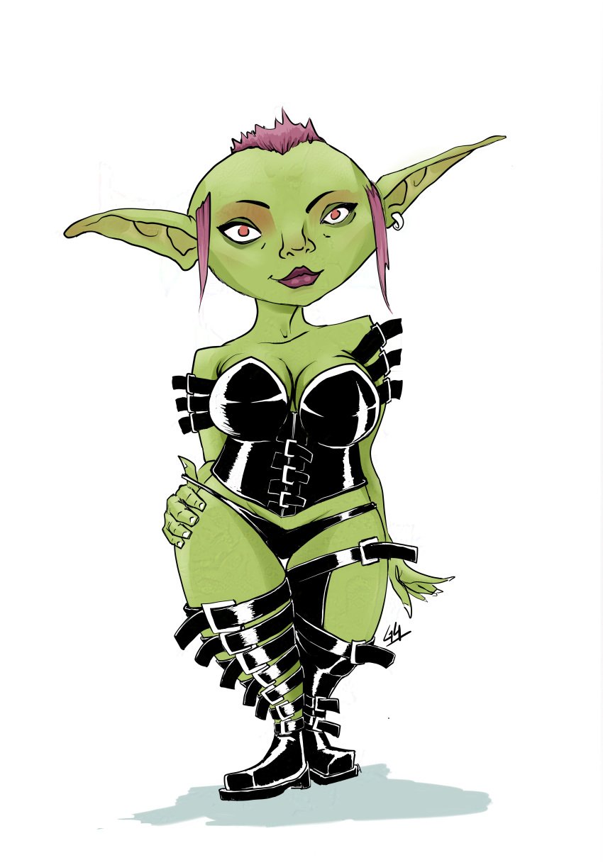 belt corset curvy female goblin goblin_female leather pink_hair shortstack