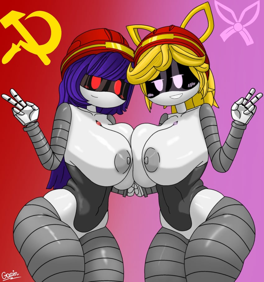 2girls blonde_hair blush bow doll_(murder_drones) hairbow hammer_and_sickle helmet lizzy_(murder_drones) long_hair murder_drones nude nude_female peace_sign pink_eyes ponytail purple_hair red_eyes robot robot_girl robot_humanoid screen screen_face soviet_flag soviet_union symmetrical_docking white_body zhenyagazin