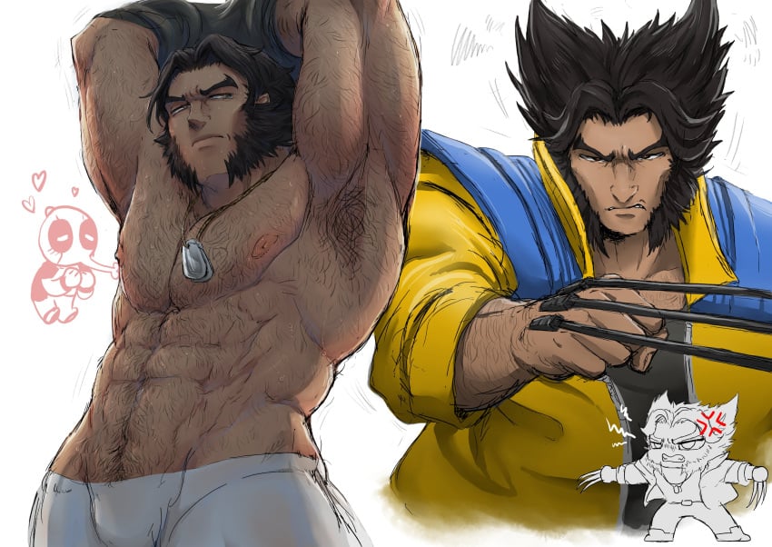 abs baimonbluewhale bara biceps claws deadpool gay logan_(x-men) male male_nipples male_only manly marvel marvel_comics marvel_rivals muscular_male mutant_(marvel) nipples pecs puckered_lips shirtless sweat sweating wolverine_(marvel_rivals) wolverine_(x-men) x-men yaoi