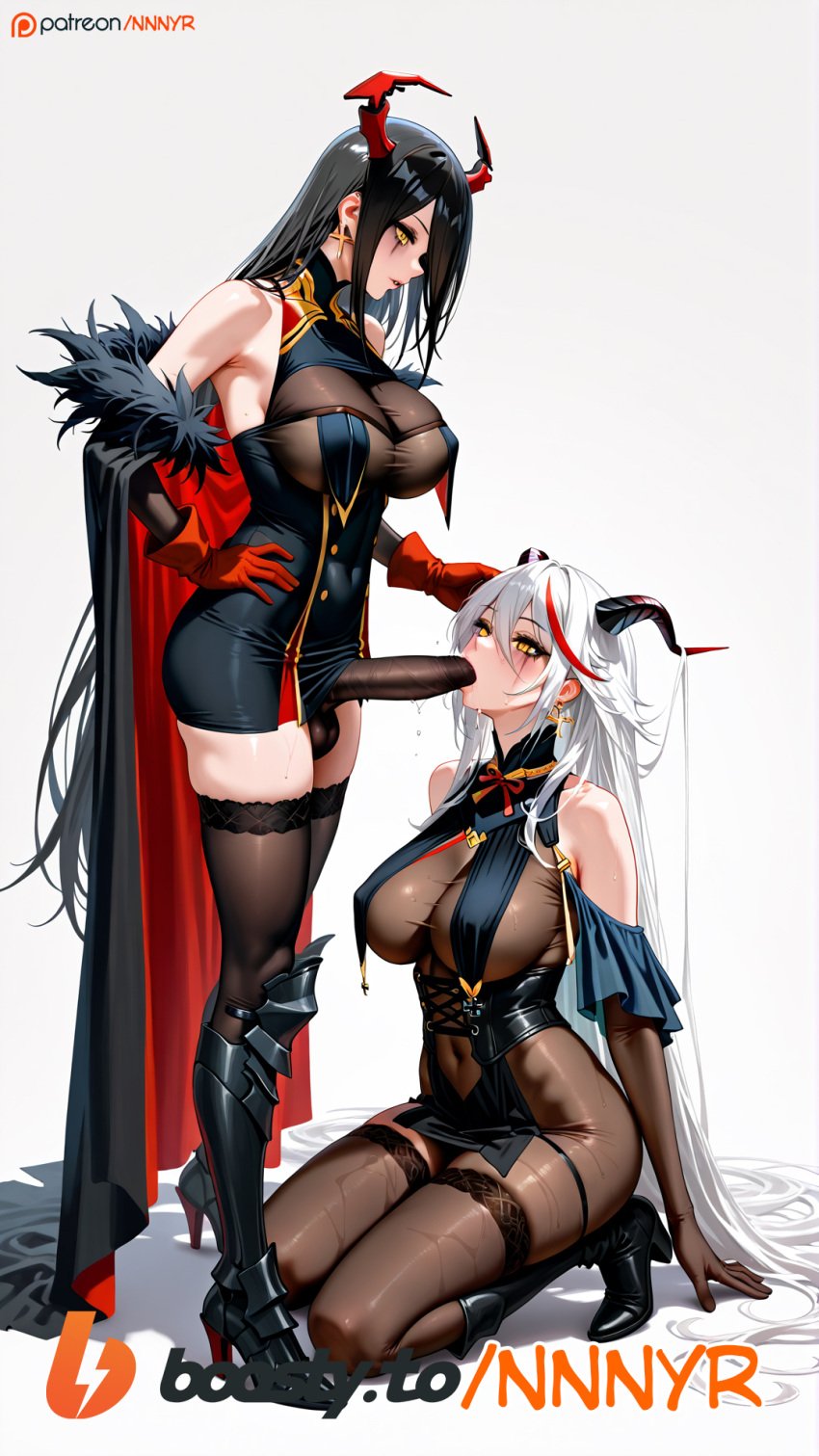 2girls aegir_(azur_lane) ai_generated azur_lane black_hair blowjob friedrich_der_grosse_(azur_lane) futanari head_grab horns kneeling lesbian_sex nnnyr running_makeup runny_makeup simple_background stable_diffusion standing sucking sucking_penis white_background white_hair yellow_eyes yuri