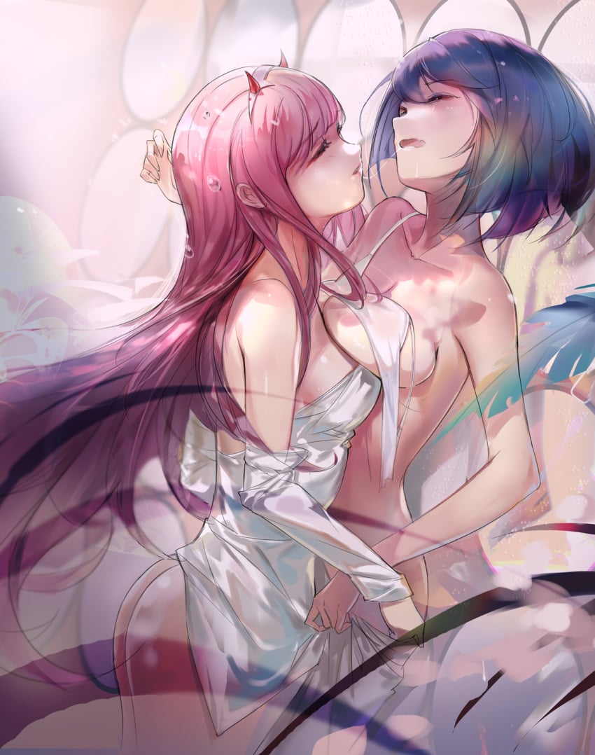 2girls ass blue_hair bra breasts darling_in_the_franxx highres horns ichigo_(darling_in_the_franxx) long_hair multiple_girls nipple_slip nipples pink_hair rabbit_(tukenitian) saliva saliva_trail short_hair torn_bra torn_clothes underwear undressing yuri zero_two_(darling_in_the_franxx)