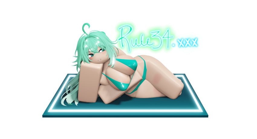 bikini green_eyes green_hair lying roblox roblox_studio rule_34-tan