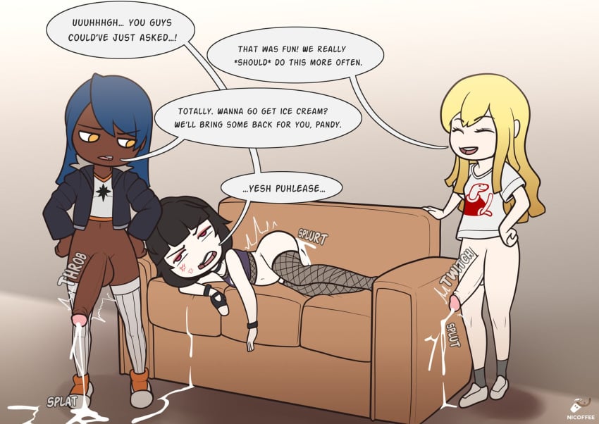 3futas after_sex amber_eyes black_hair blonde_hair blue_eyes blue_hair bulge bulge_through_clothing chibi commissioner_upload couch cum_leaking cum_leaking_out_of_anus cum_leaking_out_of_mouth dialogue dialogue_bubble futanari gracie_(oc) magenta_eyes mostly_clothed nicoffee original_characters pandoria_(oc) paris_(oc) pokemon pokemon_trainer