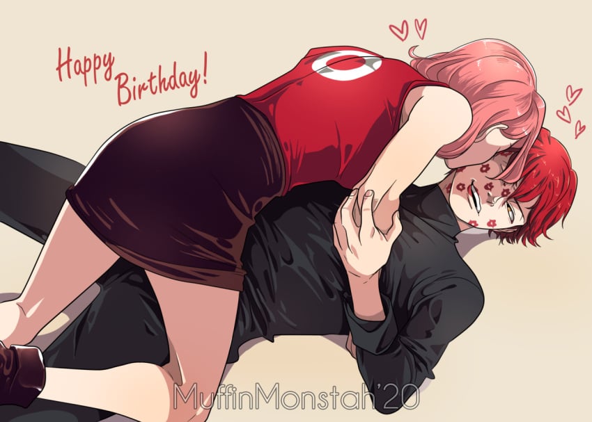 1boy 1girls bare_legs birthday enemies_to_lovers female female_on_top heart kiss_mark kiss_mark_on_face kiss_marks_all_over lipstick_mark lying_on_person male male/female muffinmonstah naruto naruto_(series) naruto_shippuden pink_hair red_hair red_lipstick sakura_haruno sasori short_skirt straight