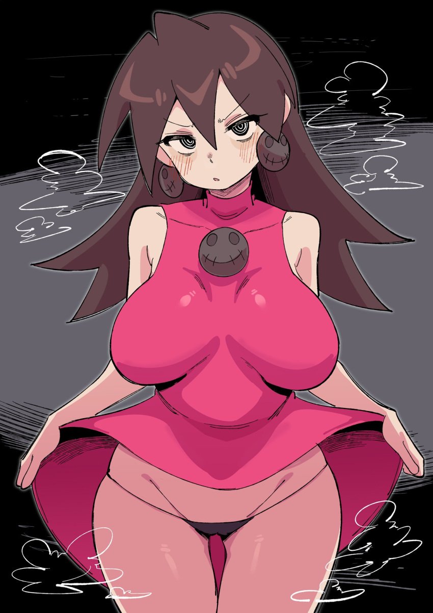 1girls @_@ angry_face big_breasts black_g-string blush brown_hair buzzlyears long_hair mega_man mega_man_legends pink_clothing tron_bonne