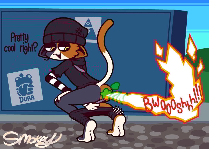 :3 absurd_res anthro anus ass beanie biped blue_body blue_fur bottomless bottomwear bottomwear_down breasts calico_cat cat_tail clothed clothing crouching dialogue domestic_cat ear_piercing ear_ring epic_games eyebrows fart fart_cloud fart_fetish feet felid feline felis female fire fire_fart fishbone fortnite fur hat headgear headwear hi_res jacket lighter looking_back mammal meow_skulls meow_skulls_(fortnite) multicolored_body multicolored_fur onomatopoeia orange_body orange_fur pants pants_down partially_clothed piercing ring_piercing shirt simple_background small_breasts smokey_the_menish smug soles solo solo_focus sound_effects tail text topwear white_body white_fur yellow_eyes