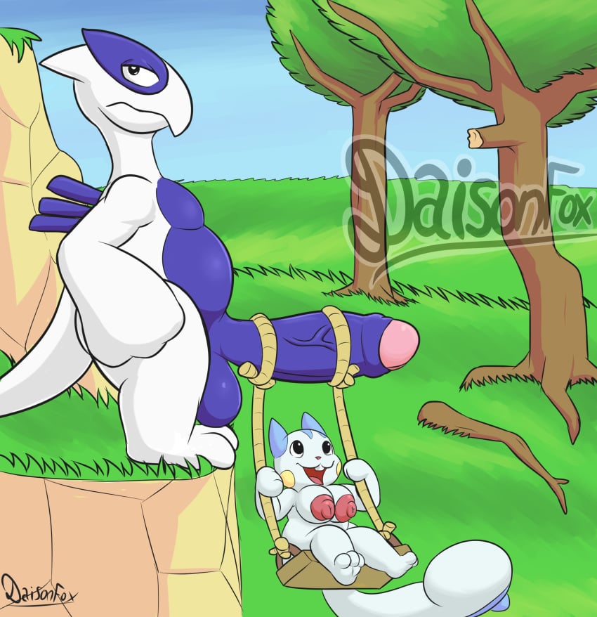 absurd_res balls big_balls big_penis branch breasts daison_the_fox duo female foreskin generation_2_pokemon generation_4_pokemon genitals grass hi_res huge_cock larger_male legendary_pokemon lugia male male/female nintendo nipples pachirisu penis penis_hanging plant pokemon pokemon_(species) rope size_difference slightly_chubby slightly_chubby_male smaller_female standing swing tree