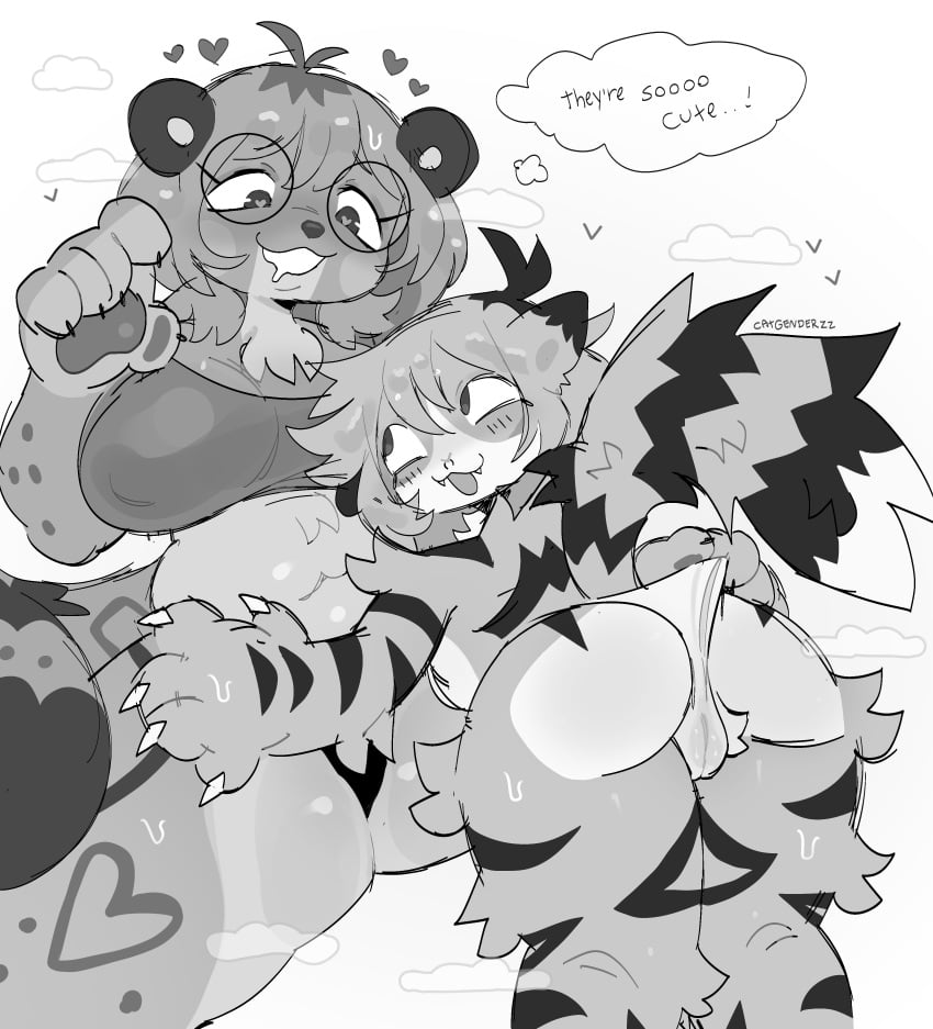 2025 absurd_res anthro anthro_on_anthro belly bodily_fluids breasts camel_toe catgenderzz claws cleavage clothed clothing cloud duo eyelashes eyewear facial_piercing felid female female/female fur genital_outline glasses greyscale happy heart_eyes heart_symbol hi_res mammal monochrome navel nipple_outline nose_piercing nose_ring open_:3 pantherine panties pawpads piercing pussy_outline rear_view ring_piercing romantic romantic_couple smile snow_leopard striped_body striped_fur stripes sweat tail thought_bubble tiger underwear yarn_(snowwhisk) zoey_(catgenderzz)