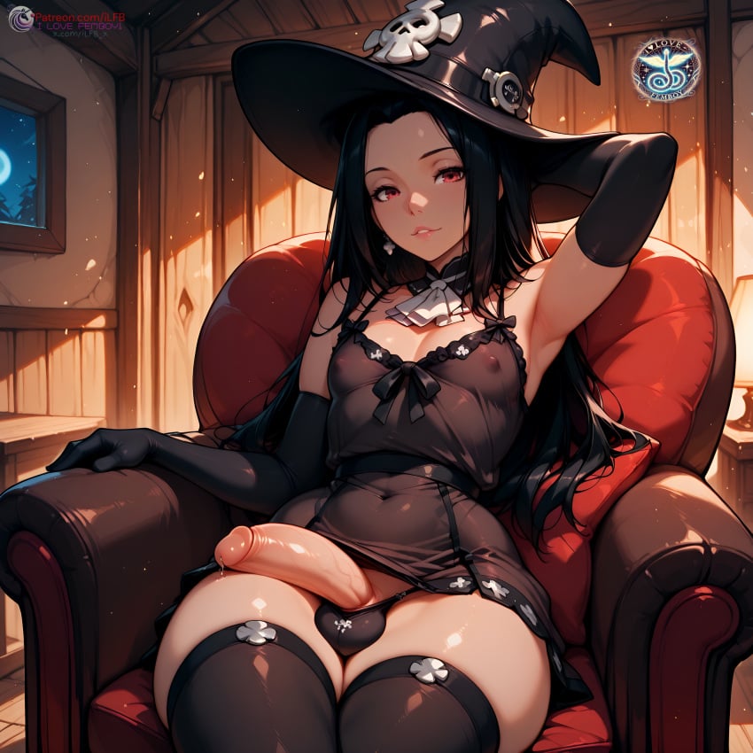 1boy ai_generated armpits balls black_hair choker femboy flaccid flaccid_penis flat_chest gloves goth goth_girl gothic high_resolution highres ilfb long_hair looking_at_viewer moon moonlight more_at_source night nipple nipples_visible_through_clothing original original_character otoko_no_ko pantyhose precum red_eyes skirt skirt_lift skirt_up testicles trap window witch witch_hat yaoi