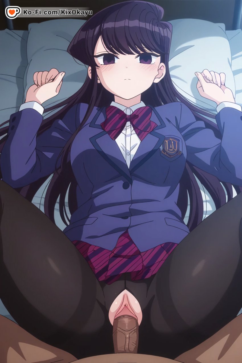 1boy ai ai_generated anime anime_style bangs bed black_hair black_legwear blazer blue_jacket blush bow bowtie breasts clitoris closed_mouth clothed_female_nude_male clothed_sex erection eyebrows_visible_through_hair fat_male fat_man female half-closed_eyes heart highres jacket kixokayu komi-san_wa_komyushou_desu komi_can't_communicate komi_shouko komi_shuuko long_hair long_sleeves looking_at_viewer lying medium_breasts missionary netorare no_panties ntr nude on_back pantyhose penis pillow pleated_skirt pov pubic_hair purple_eyes purple_hair pussy rape raped red_bow red_neckwear school_uniform sex skirt solo_focus spread_legs straight striped striped_neckwear thighband_pantyhose torn_clothes torn_legwear ugly_bastard uncensored underwear vaginal_penetration very_long_hair