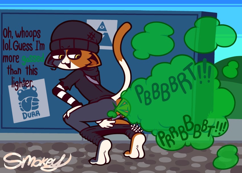:3 absurd_res anthro anus ass beanie biped blue_body blue_fur bottomless bottomwear bottomwear_down breasts calico_cat cat_tail clothed clothing crouching dialogue domestic_cat ear_piercing ear_ring epic_games eyebrows fart fart_cloud fart_fetish feet felid feline felis female fishbone fortnite fur green_fart_cloud hat headgear headwear hi_res jacket lighter looking_back mammal meow_skulls meow_skulls_(fortnite) multicolored_body multicolored_fur onomatopoeia orange_body orange_fur pants pants_down partially_clothed piercing ring_piercing shirt simple_background small_breasts smokey_the_menish smug soles solo solo_focus sound_effects tail text topwear white_body white_fur yellow_eyes