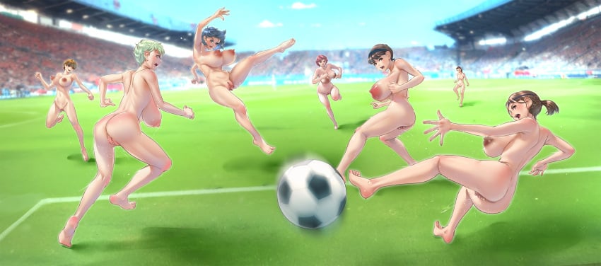 ass ass_visible_through_thighs athletic athletic_female big_ass big_breasts breasts butt_crack chichimaro completely_nude completely_nude_female crowd daytime feet female female_focus female_only football football_player full_body hi_res high_resolution highres moving multiple_girls navel nipples public public_exposure public_nudity pussy pussy_juice pussy_juice_drip running shaking_breasts soccer soccer_ball stadium stadium_background sweat sweatdrop sweating thighs