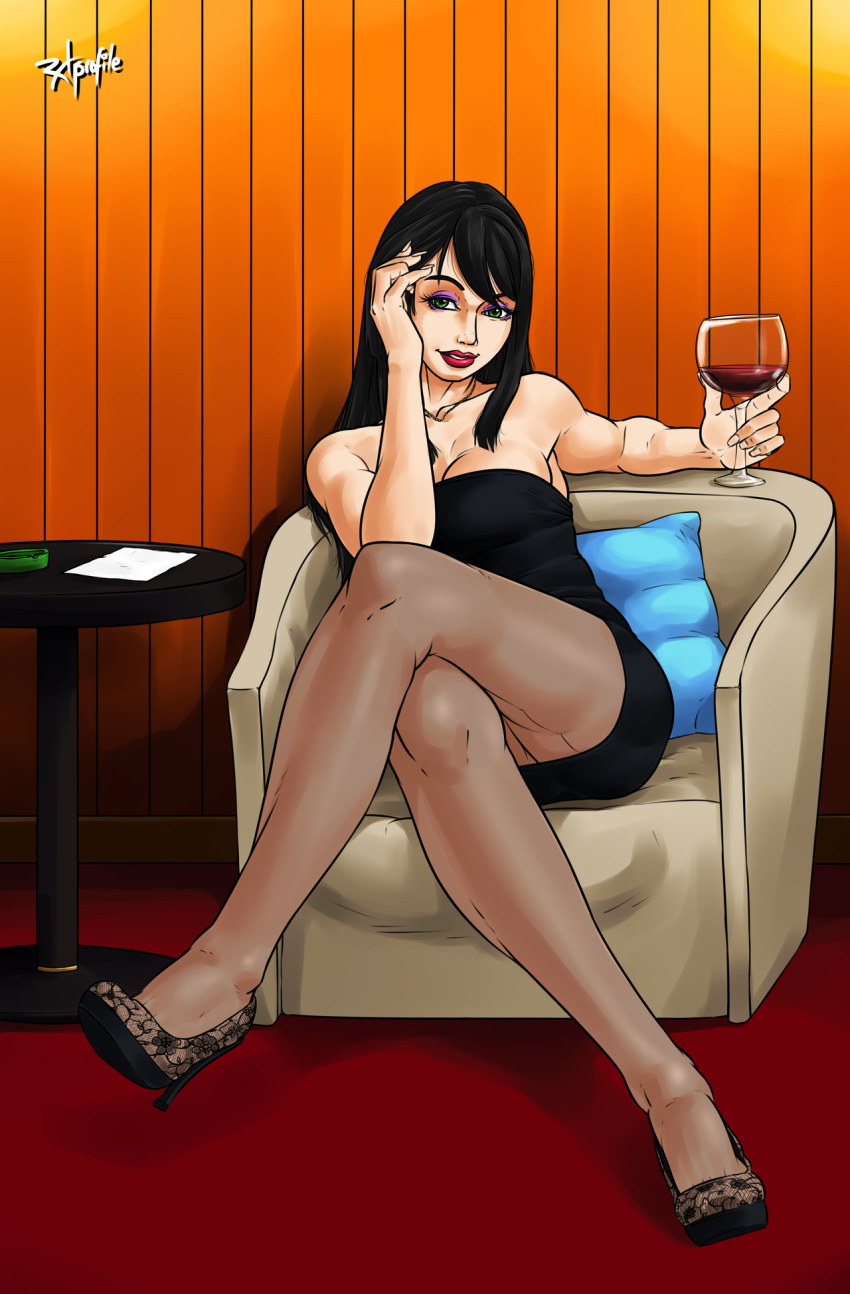 black_hair chair cleavage clothes dress drink eyeshadow female green_eyes high_heels lipstick long_hair necklace pantyhose radprofile sitting solo wine