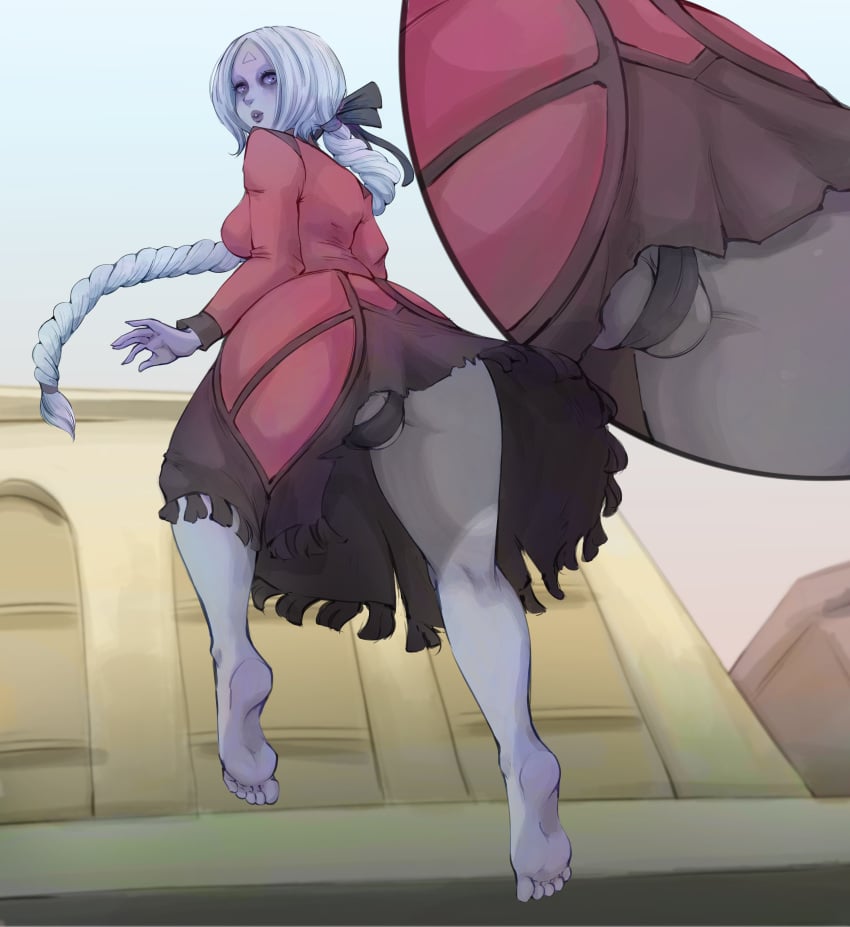 1futa 2d ass ball_slip balls blue_skin breasts cock deadlock dress futa_only futanari looking_back penis valve vindicta_(deadlock) white_hair yxxzoid