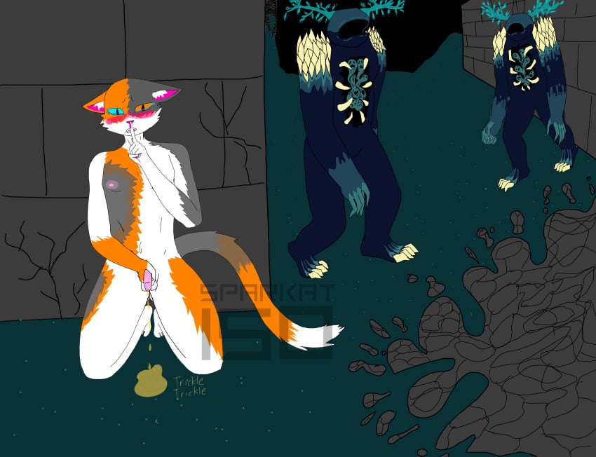 anthro blush bodily_fluids calico_cat domestic_cat dripping_urine felid feline felis genital_fluids hi_res hiding male mammal microsoft minecraft mojang nipples nude omorashi peeing scared solo sparkat150 stealth_peeing tears_of_desperation urination urine warden_(minecraft) xbox_game_studios