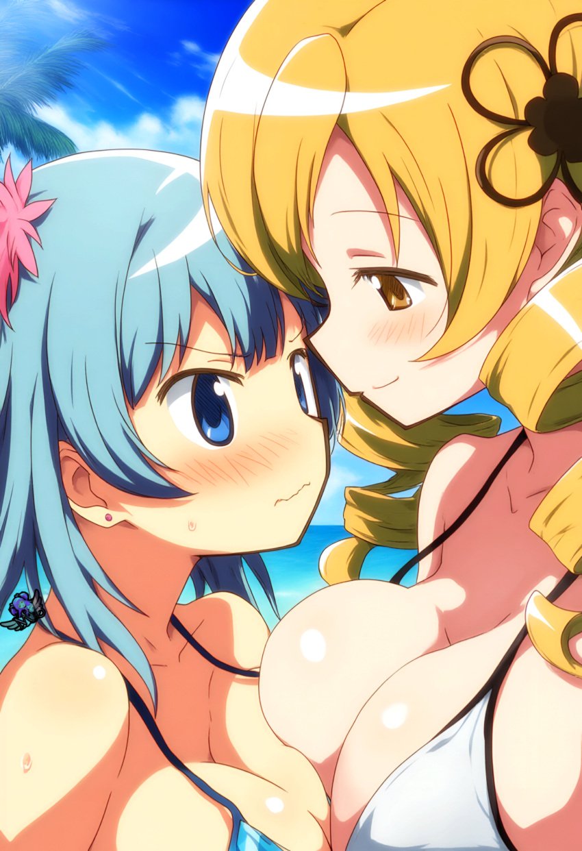 2025 2girls ai_generated artist_logo beach big_breasts bikini blue_hair blush blush blush_lines breasts curvaceous curvy curvy_body curvy_female curvy_figure drill_hair face_to_face female female_focus female_only girls hi_res huge_boobs huge_breasts human human_only light-skinned_female light_skin madoka_worship magia_record:_mahou_shoujo_madoka_magica_gaiden magical_girl mahou_shoujo_madoka_magica minami_rena nervous outdoors outercourse puella_magi_madoka_magica sand sea seaside swimsuit tomoe_mami twin_drills twintails voluptuous voluptuous_female white_skin white_skinned_female yellow_eyes yellow_hair young
