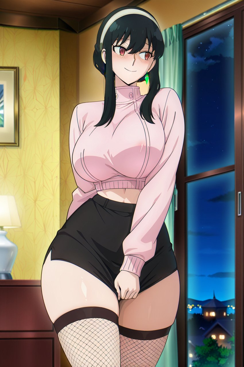 1girls ai_generated big_ass big_breasts cheating cheating_wife mature_female miniskirt netorare ntr room smile solo_female spy_x_family standing wife yor_briar zadbhell