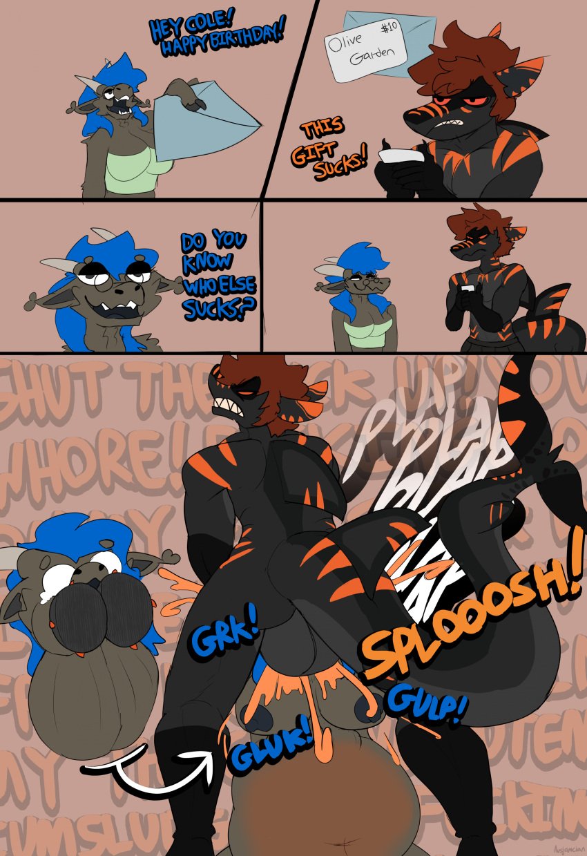 2025 2_penises absurd_res anthro ausjamcian ausjamcian_(character) bodily_fluids cole_the_shark comic cum cum_inside dirty_talk dragon duo face_fucking female fish fur furred_dragon furred_scalie genital_fluids genitals hi_res inflation inflation insulting_partner irrumatio male male/female marine multi_genitalia multi_penis mythological_creature mythological_scalie mythology oral penile penis penis_in_mouth plap scalie sex shark