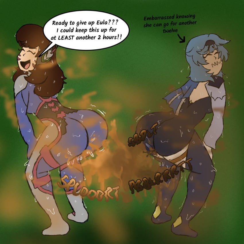 2girls blue_hair brown_hair bubble_butt crossover d.va embarrassed embarrassed_female eula_(genshin_impact) fart fart_cloud fart_fetish farting farts genshin_impact modestpal oiled oiled_up overwatch simple_background thick_ass twerking twerkoff wobbling_ass