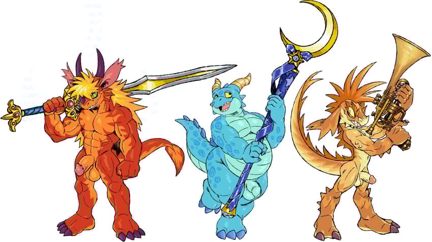 abs anthro balls belly blue_body blue_scales flaccid floppy_ears foreskin genitals grin group gun hi_res horn humanoid_genitalia humanoid_penis kobold magic_user male melee_weapon muscular muscular_anthro muscular_male nude overweight pecs penis ranged_weapon red_body red_scales scales scalie smile staff sword tderek99 trio unretracted_foreskin warrior weapon yellow_body yellow_scales