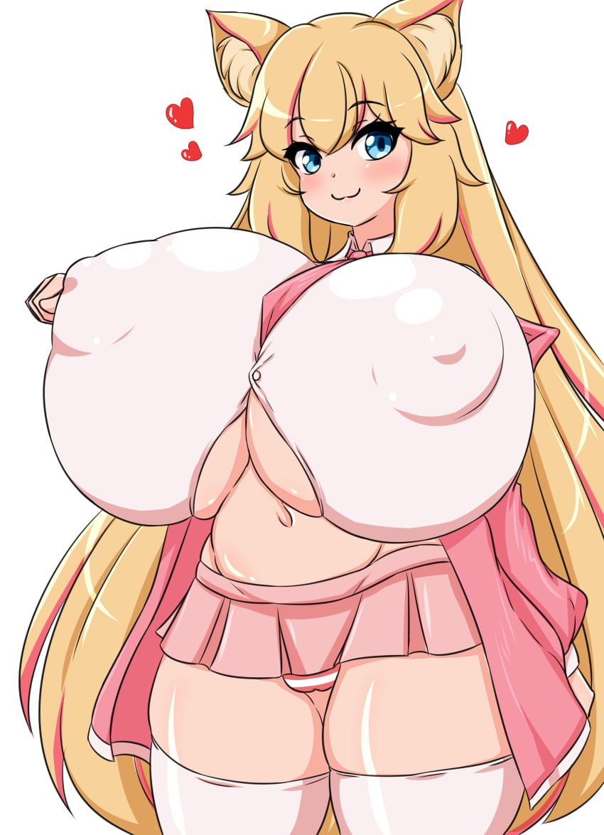 animal_ears big_breasts big_nipples bimbo blonde_hair blue_eyes breasts bursting_breasts cat_ears cat_girl catgirl enormous_breasts gigantic_breasts huge_breasts huge_nipples huge_thighs hyper_breasts impossible_clothes impossible_clothing impossible_shirt large_breasts large_nipples long_hair massive_breasts miniskirt moyashi_udon nipple_bulge nipples nipples_visible_through_clothing original panties school_uniform short_skirt short_stack shortstack skirt thick_thighs thighs tight tight_clothes tight_clothing tight_shirt underboob very_long_hair